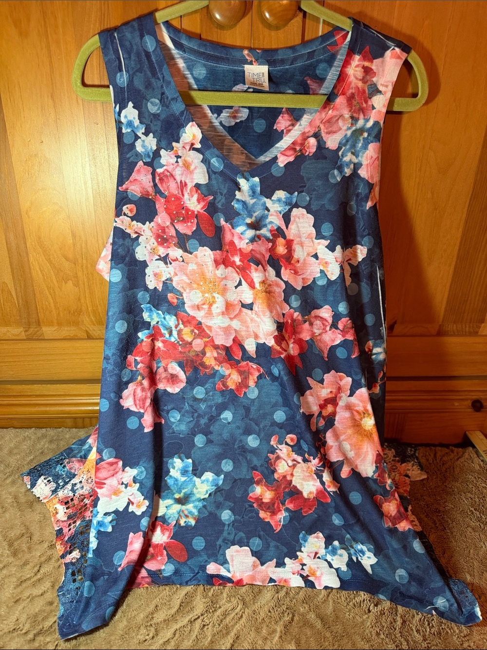Time and Tru Navy Floral V-Neck Sleeveless Tank with Pink & Coral Blooms - XXXL